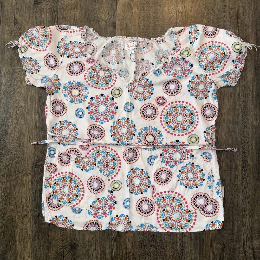Peaches‎ Women's M Lace Up Belted Summer Top White Geometric Print Peasant Boho